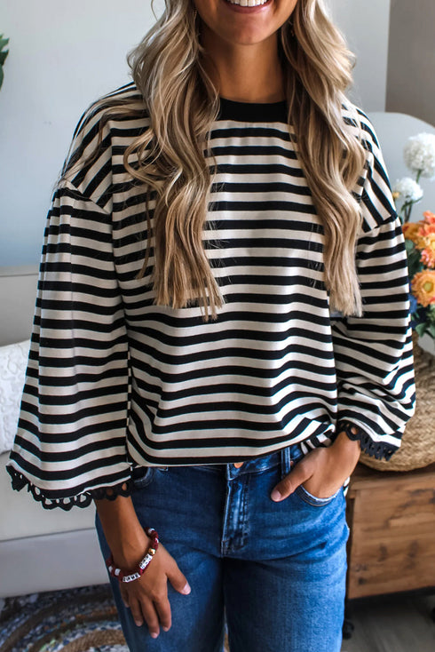Striped Drop Shoulder Lace Trim Bracelet Sleeve Loose Top